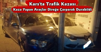 Kars'ta Kaza Yapan Araçlar Direğe Çarparak Durabildi